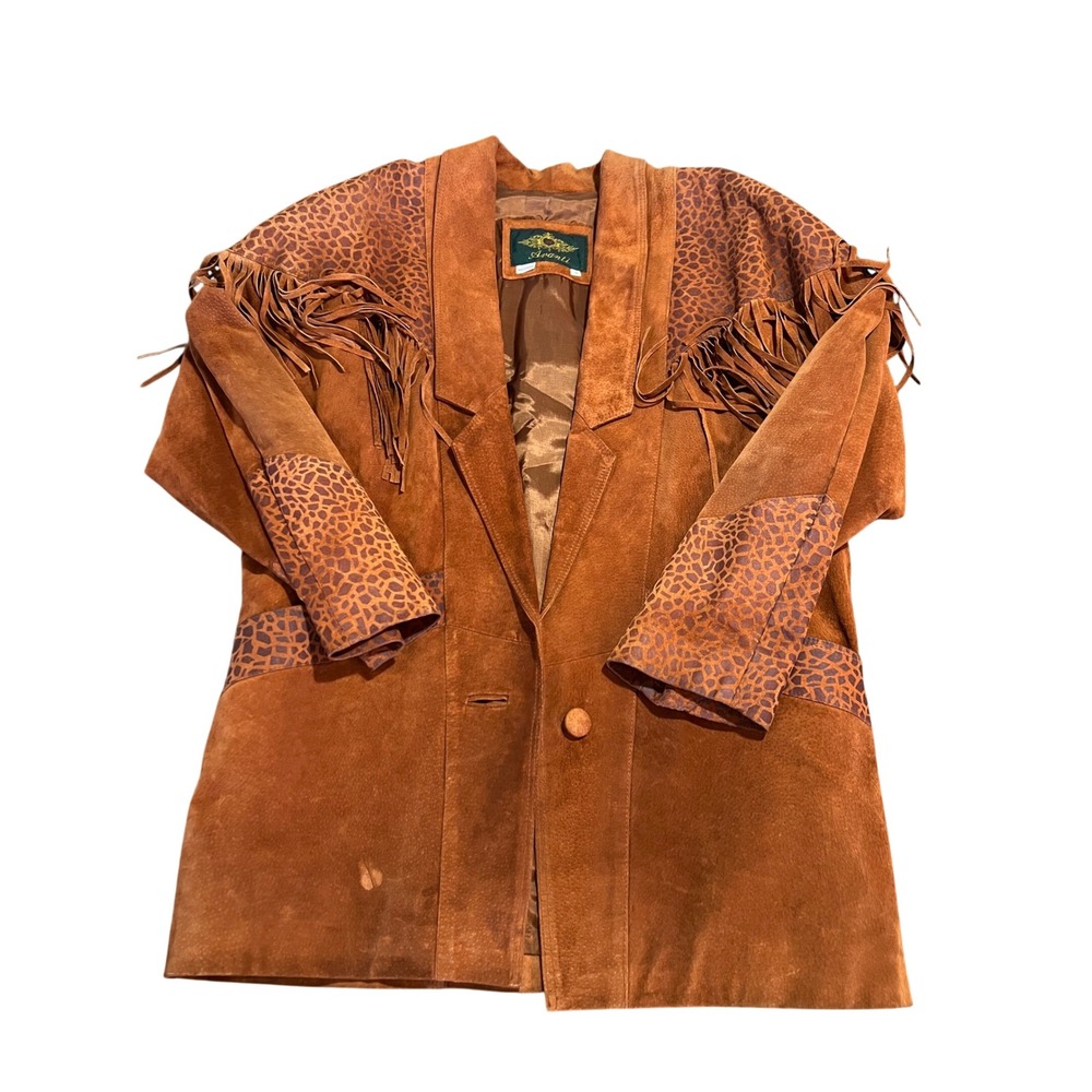 Avanti Vintage Brown Pig Suede Leather Fringe Western Jacket Animal Print Small